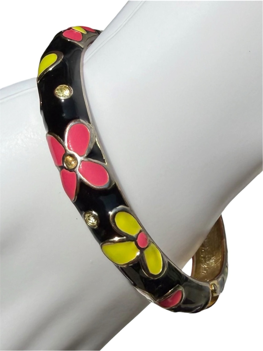 Vintage Enamel Floral Hinged Bangle Bracelet Black Pink & Yellow Retro Y2K Style